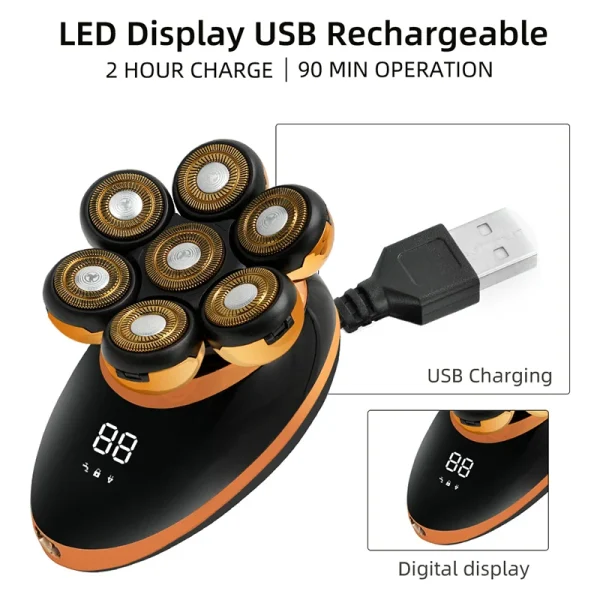 7D Floating Electric Shaver for Men - Wet/Dry Rechargeable Razor with LCD Display for Smooth Shaving and Bald Head Grooming - Image 5