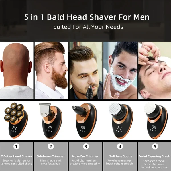 7D Floating Electric Shaver for Men - Wet/Dry Rechargeable Razor with LCD Display for Smooth Shaving and Bald Head Grooming - Image 6